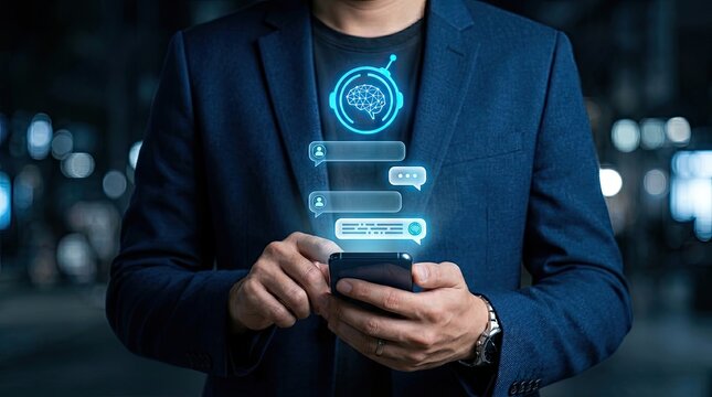 Man Using Smartphone with AI Chatbot Interface Overlay.