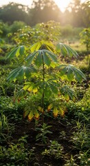 Fototapeta premium Young Cassava Plants Growing Under Golden Sunlight