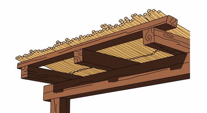 A thatched roof on a wooden pergola, showing beams and supports