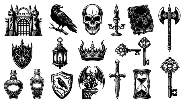 Dark Fantasy Gothic Icons: Castle, Raven, Skull, Axe, Book, Keys, Hourglass