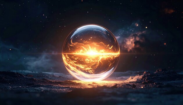 A softly glowing orb of cosmic fire illuminates a starry nebula, representing creation and raw energy
