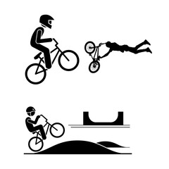 Obraz premium Extreme sports graphics depicting BMX riders jumping, doing flips, and skating on a halfpipe ramp.