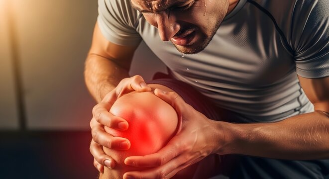 Knee pain and runner's joint inflammation. Sports medicine and orthopedic injury. Close up of a sweaty athlete clutching a painful red knee after workout
