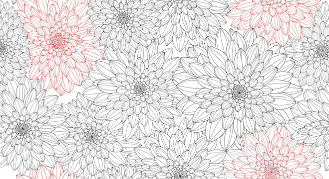 Delicate red floral pattern seamless background with vintage botanical rose outlines for elegant wallpaper and textile design.
