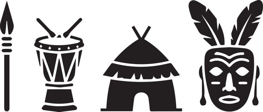 African tribal icons with spear, drum, hut and mask