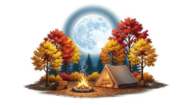 Autumn camping scene with tent, bonfire, colorful trees and full moon at night.