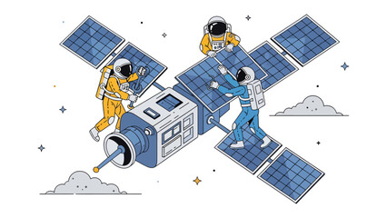 Astronauts Repairing Satellite: Three astronauts in specialized suits work collaboratively in space, assembling and maintaining a solar-powered satellite amidst a backdrop of stars and clouds. © Ajm