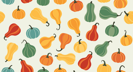 Obraz premium Seamless pattern of colorful autumn pumpkins and gourds for fall harvest decoration background.