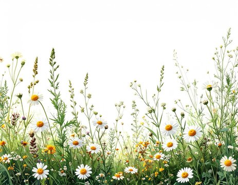 Field of wildflowers, yellow and white blossoms with green grass