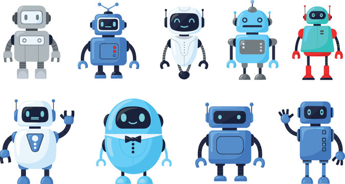 Cute Cartoon Robot Character Icon Set with Friendly AI Bots and Futuristic Android Mascots for Kids Technology and Coding App Designs