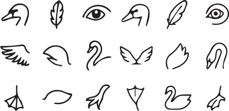 Black swan and feather line art icons
