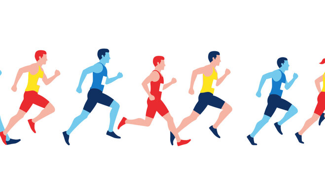 Diverse runners in colorful athletic wear compete in a race, flat design
