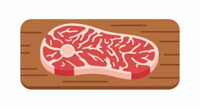 A prime steak with marbled fat rests on a rustic wooden cutting board