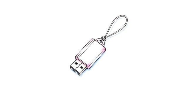 Silver USB flash drive with loop attachment isolated on white.