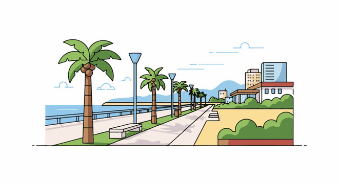 A scenic coastal path lined with palm trees and city buildings