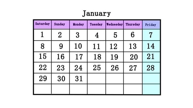 January calendar grid with first week partially filled schedule date planning