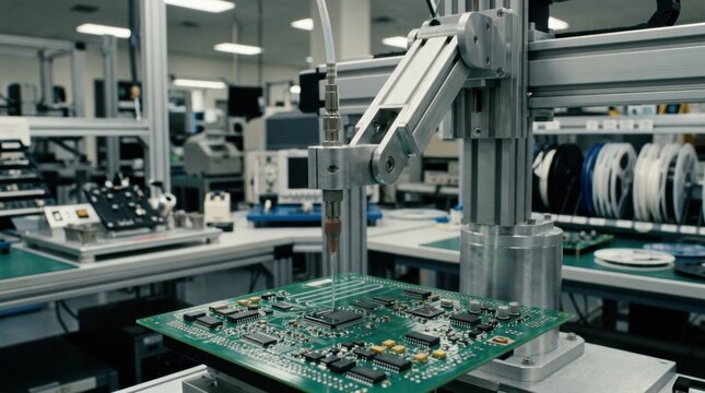 Medium shot of a programmable robot precisely applying selective conformal coating on electronic components carefully avoiding sensitive keepout zones to ensure protection and
