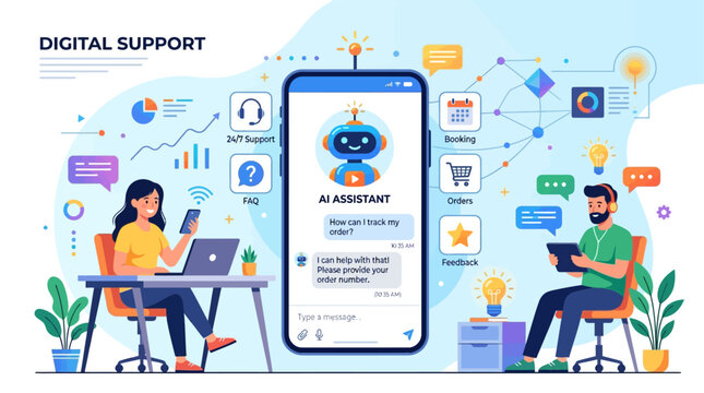Digital customer support service with AI chatbot assistant on smartphone and people interacting with technology for better experience