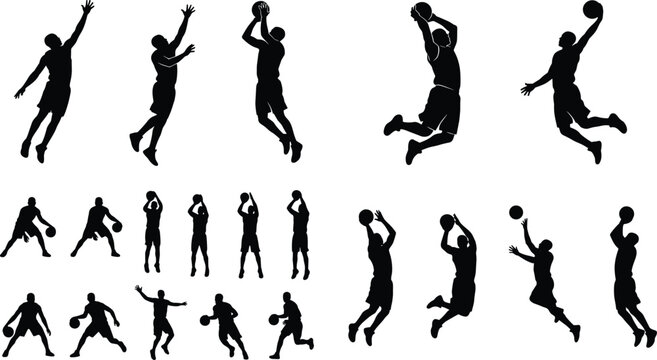 Set of basketball player silhouettes jumping dunking shooting and dribbling isolated on a clean white background