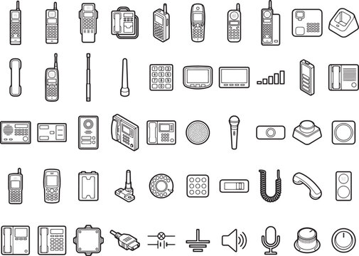 A collection of vintage and modern communication device icons, illustrating the evolution of telecommunication technology.
