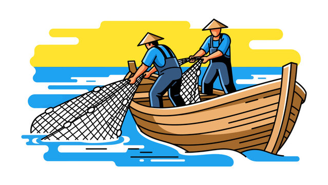 Fishermen with Net in Boat: Two fishermen wearing conical hats cast their net from a wooden boat on a blue sea, a vibrant illustration of traditional fishing.