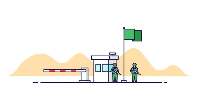 Military checkpoint with guards and barrier gate, border control, security