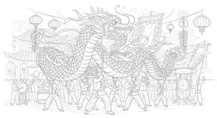 Obraz premium Chinese Dragon Dance Performance Coloring Page