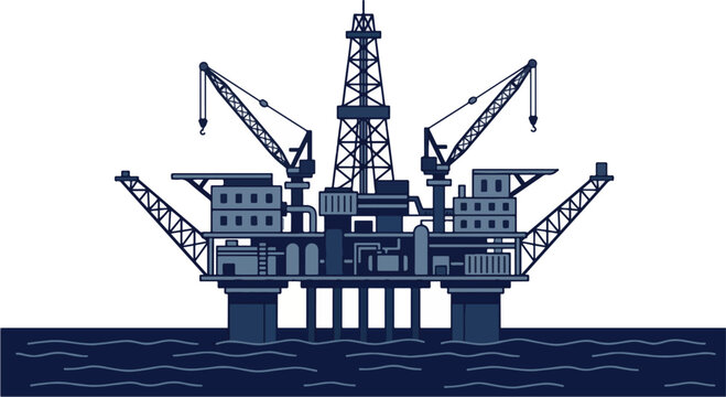 An offshore oil rig stands in the ocean with cranes and structures