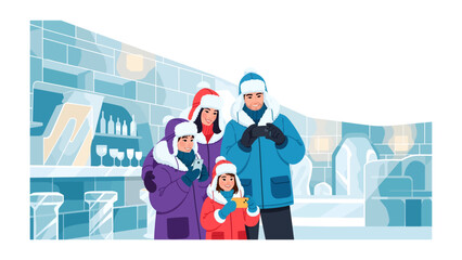 Family Enjoying an Ice Hotel Experience: A happy family, dressed in warm winter clothing, stands together inside a magnificent ice hotel. © Mohammad