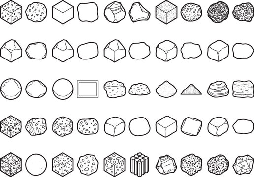 A collection of diverse geometric shapes and objects in a clean, illustrative style, presented in a grid format. The image showcases a variety of abstract forms.