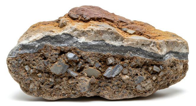 Layered rock formation with various minerals isolated on white background.