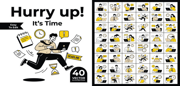 A person hurries with a laptop amidst various time and productivity icons.