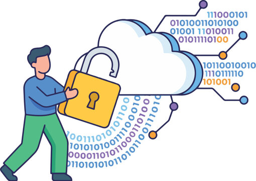 Man securing cloud storage with large padlock and binary code