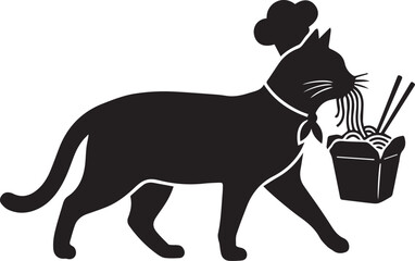 Fototapeta premium Cat Walking with Takeaway Noodle Box Silhouette