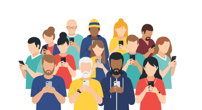 Diverse group of people engrossed in their smartphones, ignoring surroundings