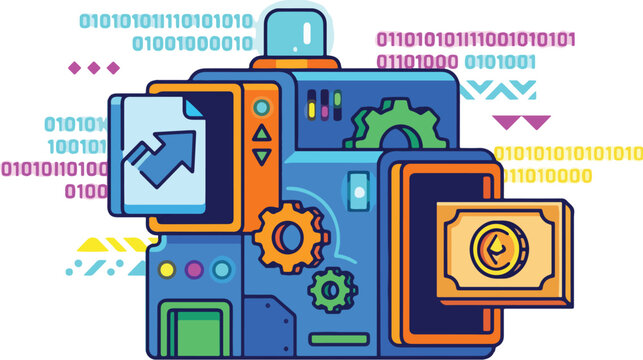 A futuristic illustration of a machine with gears, screens displaying a clock and arrow, surrounded by colorful binary code symbols and various tech elements.