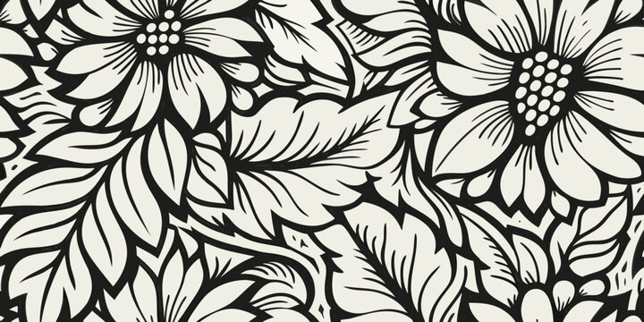 Black and white floral pattern high contrast botanical illustration
