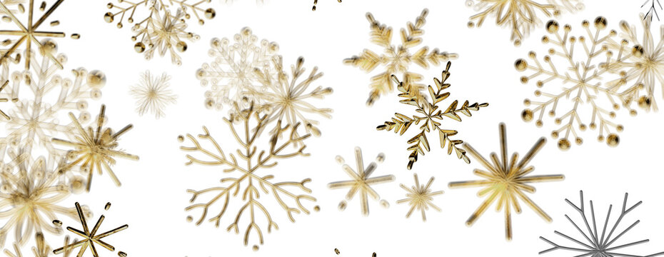Elegant golden snowflakes scattered on a clean white background, evoking winter celebration and fest