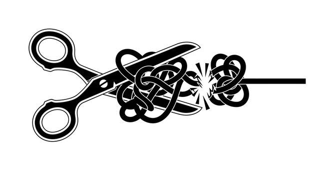 Symbolizing problem-solving and simplification, scissors cut through a tangled knot to reveal a clear and direct path