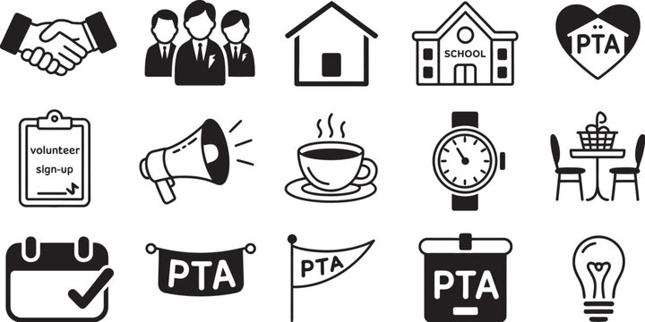 School, PTA community icon collection with educational symbols including school building, calendar, megaphone, voting box, and volunteer partnership icons suitable for school events,