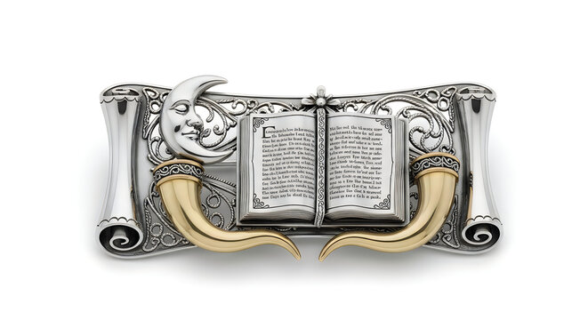 Ornate silver belt buckle with crescent moon and scrolls and gold horns.