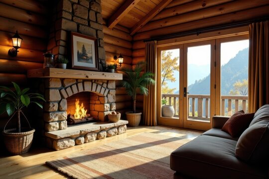 Cozy log cabin interior with fireplace and natural light , house, living