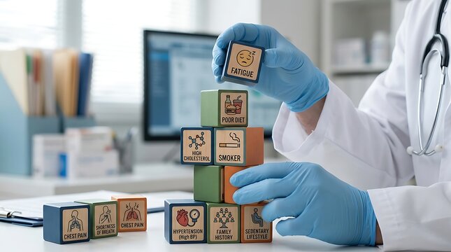 Medical professional demonstrating risk factors for heart disease using building block icons