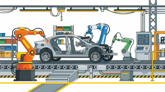 Robotic arms assemble car on factory production line with jd nbf.eps concept