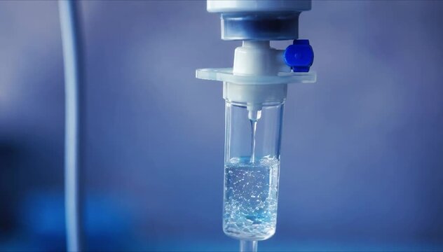 Close-up of the infusion process. A drop of saline is dropped for intravenous infusion, footage