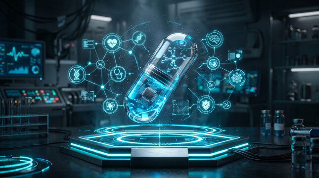 A glowing test tube floats above a futuristic laboratory platform