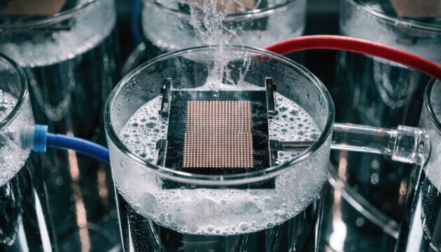 Copper electroplating process focused on fine grid BGA pads showcasing uniform deposition and advanced panel pattern plating in a controlled environment.