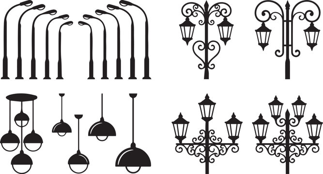  Street lamp and hanging light silhouette collection with decorative lighting and urban vector illustration set