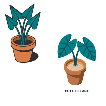 Potted Houseplants: Two stylized potted houseplants, one with broad, arrowhead-shaped leaves and the other with upright, lanceolate foliage, presented in terracotta pots.
