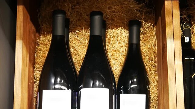 A wooden box filled with neatly packed beautiful bottles of wine with a mans hand picking one up